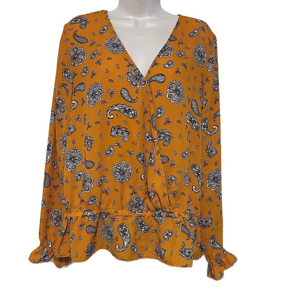 Loft women’s mustard yellow long sleeve paisley blouse vneck top - Picture 1 of 8